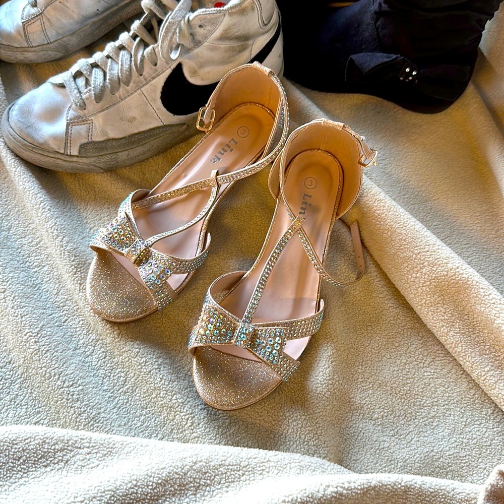 Rose Gold Rhinstone Girls Kitten Heels